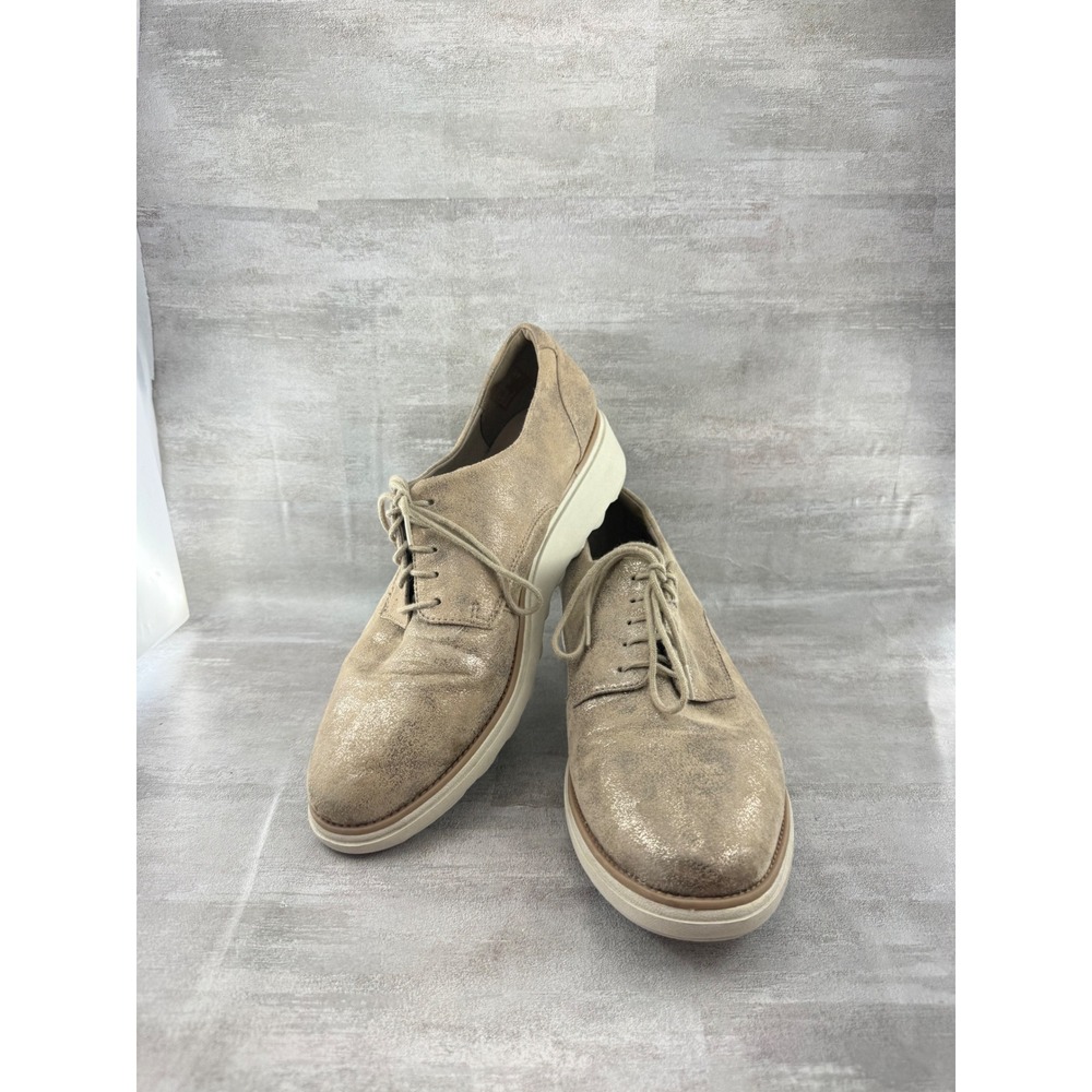 Clarks Collection Sharon Noel Women 11 M Metallic Suede Wedge Oxford Shoes Beige